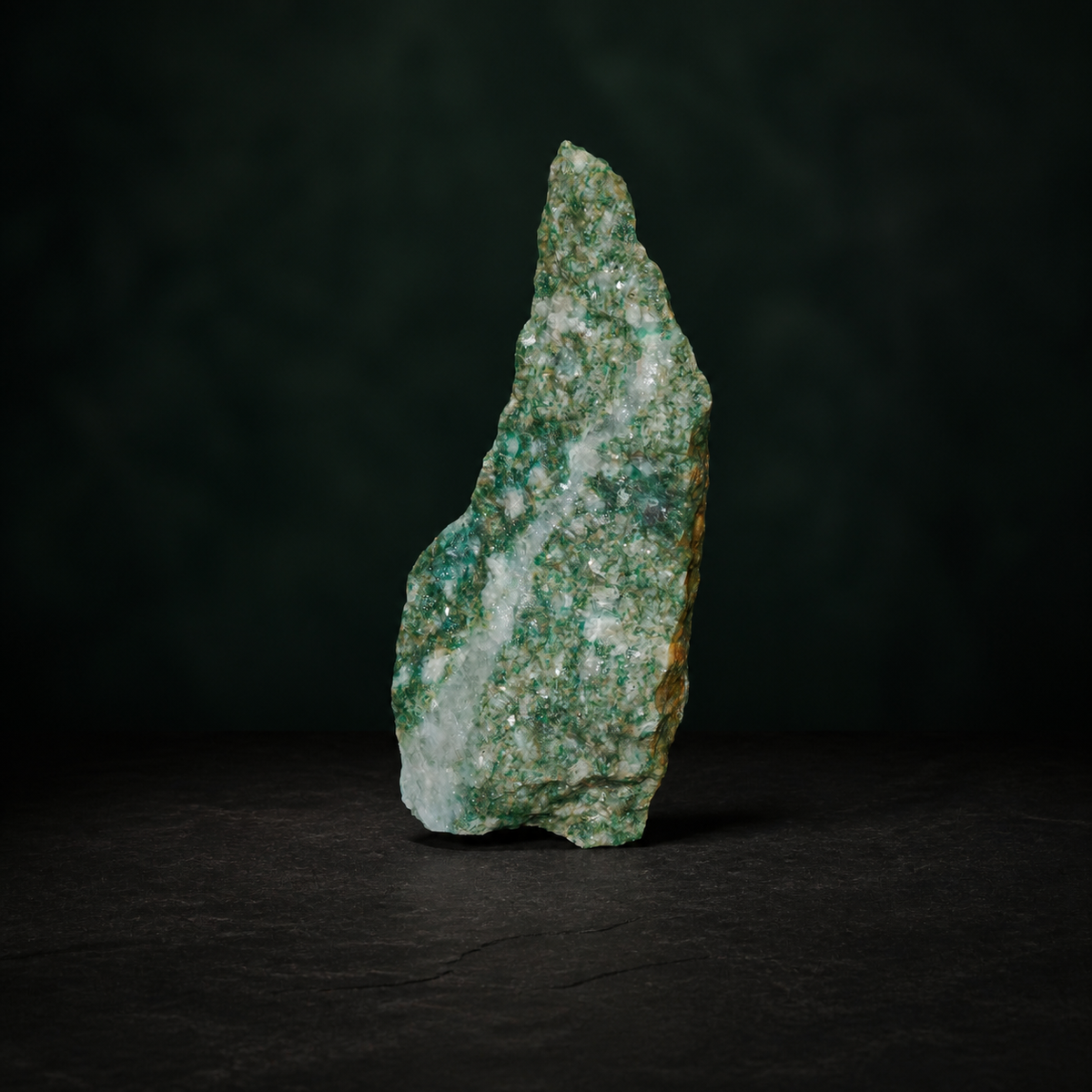 Angled view of a fuchsite quartzite display specimen