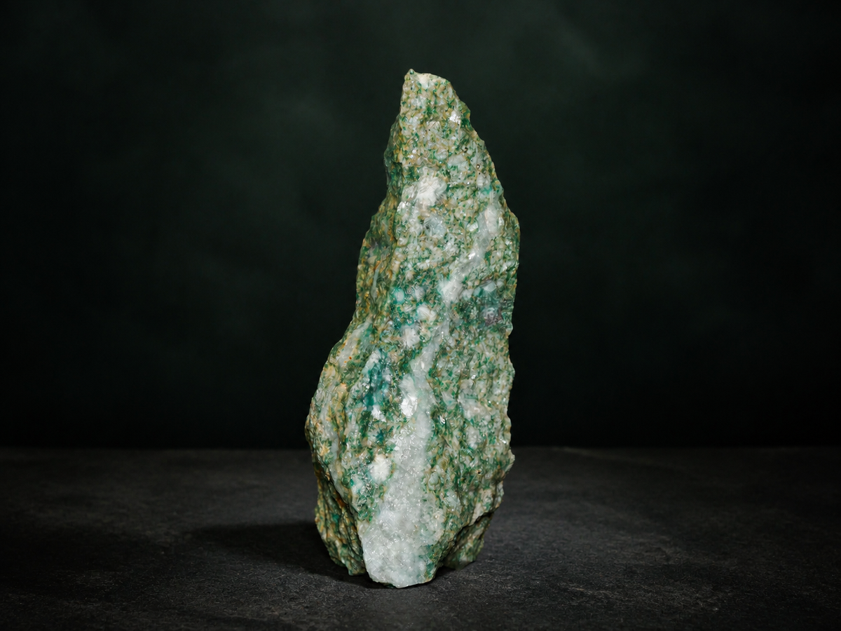 Fuchsite quartzite display specimen with white quartz and green mica inclusions