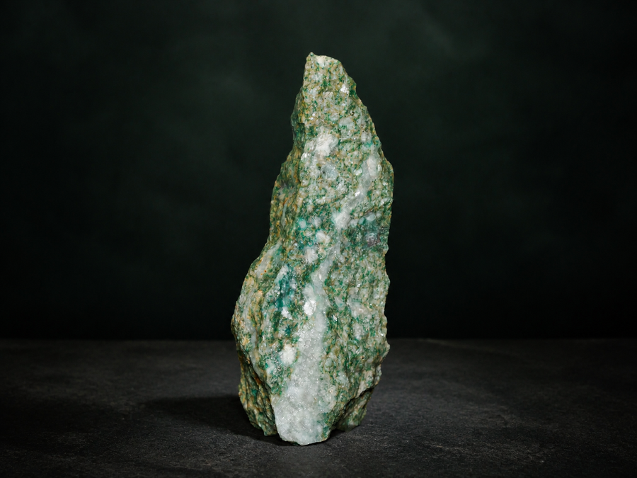 Fuchsite quartzite display specimen with white quartz and green mica inclusions