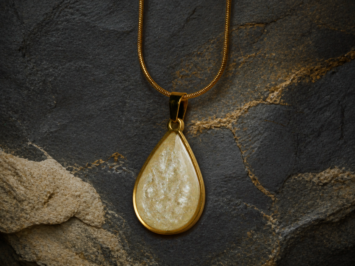 Teardrop 18K gold-plated pendant with pearlescent golden ivory resin finish on dark slate