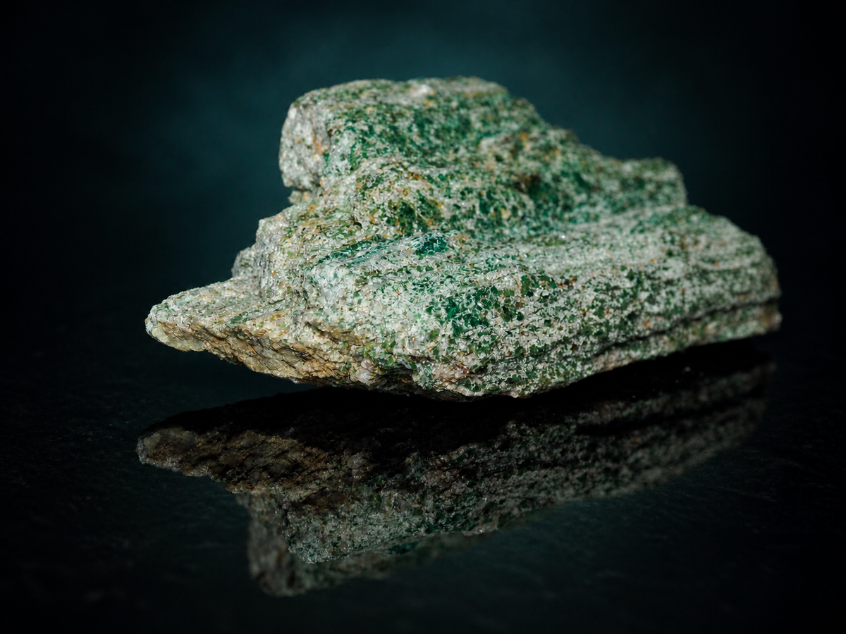Green fuchsite mica schist display specimen, angled view