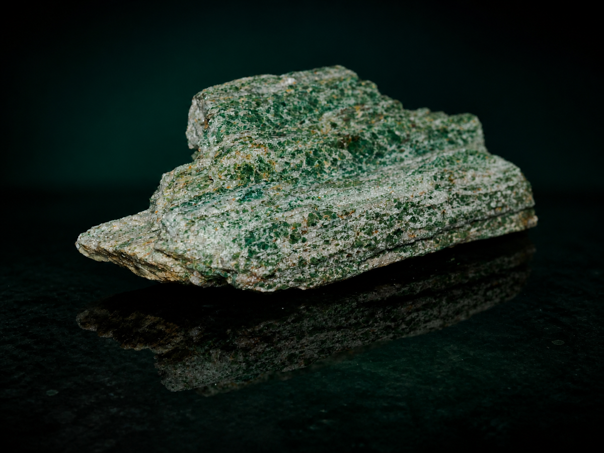 Green fuchsite mica schist display specimen, detailed front view