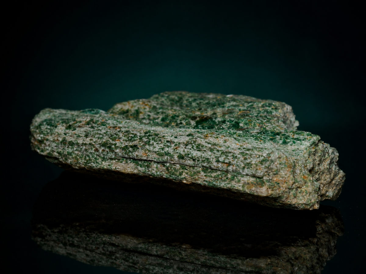 Green fuchsite mica schist display specimen, long layered view
