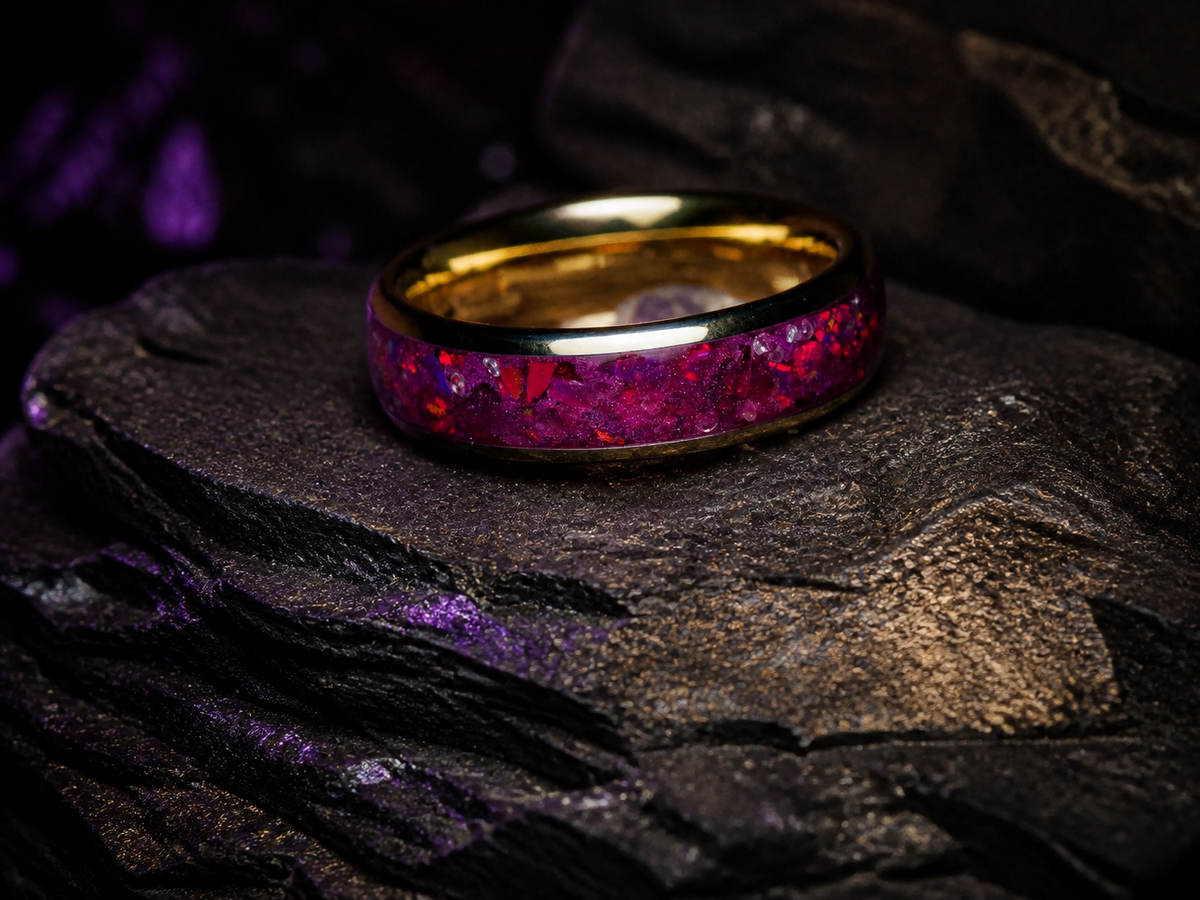 Imperial Nocturne angled ring with royal purple opal inlay on volcanic stone