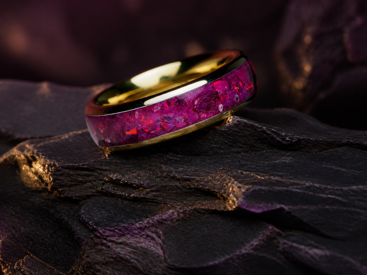 Imperial Nocturne ring detail with garnet, purple opal and cubic zirconia accents