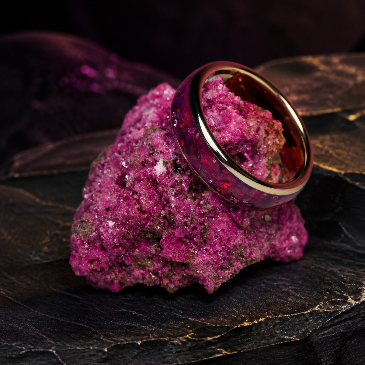 Imperial Nocturne ring resting on dark stratified mineral stone