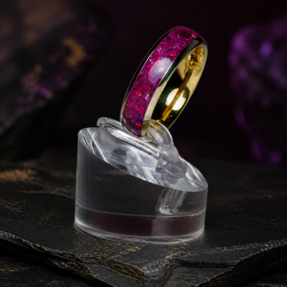 Imperial Nocturne upright gold-coated ring with crimson and violet inlay