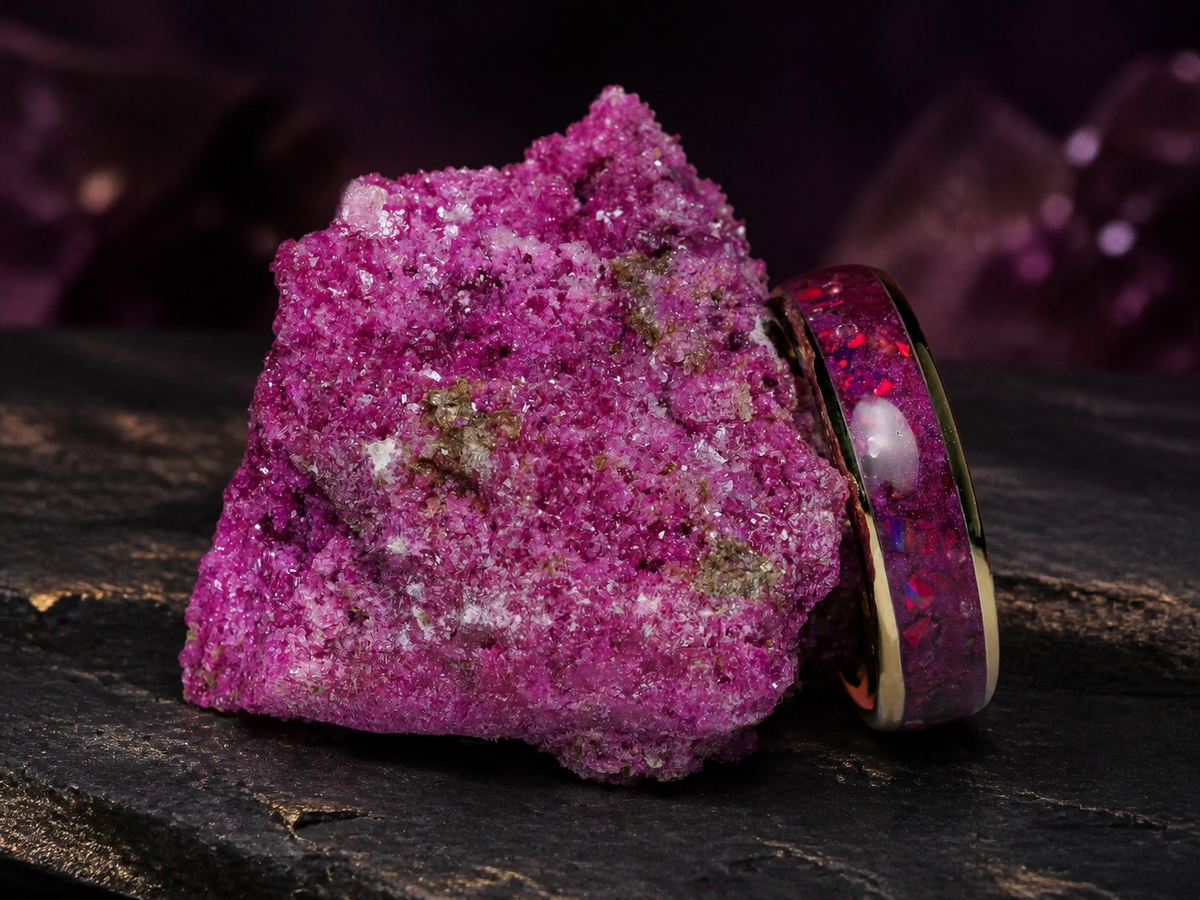 Imperial Nocturne ring beside a pink mineral specimen on volcanic stone