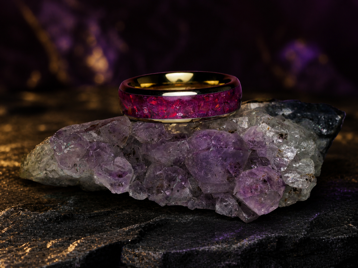 Imperial Nocturne ring detail with crimson garnet flashes and gold interior