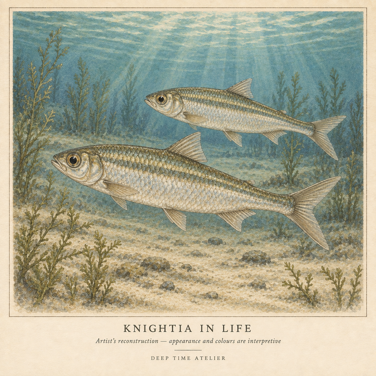 Interpretive artwork of two living Knightia freshwater fish in an ancient lake, in vintage natural-history style.