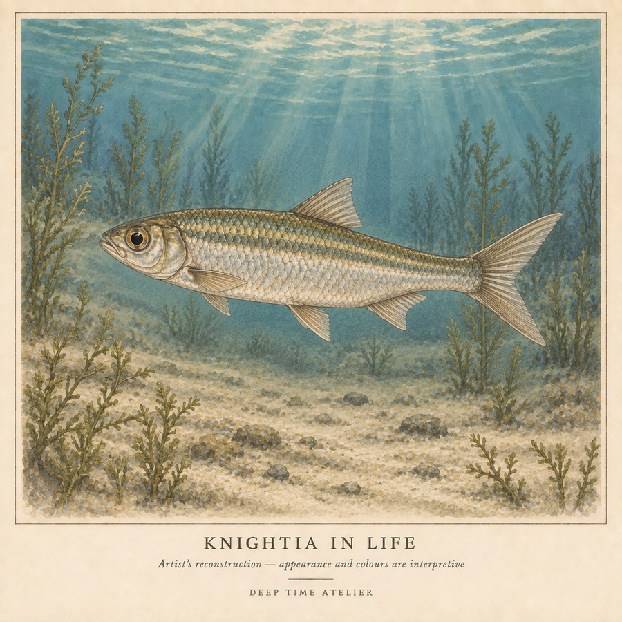 Artist’s interpretive reconstruction of a living Knightia fish in an ancient freshwater lake.
