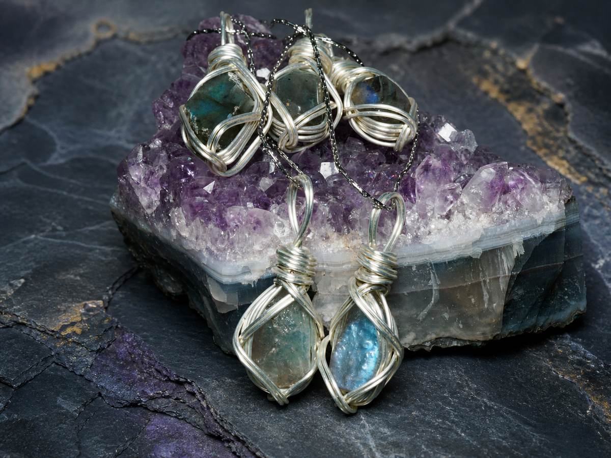 Riftlight natural flash labradorite wire-wrapped pendant necklace, group detail