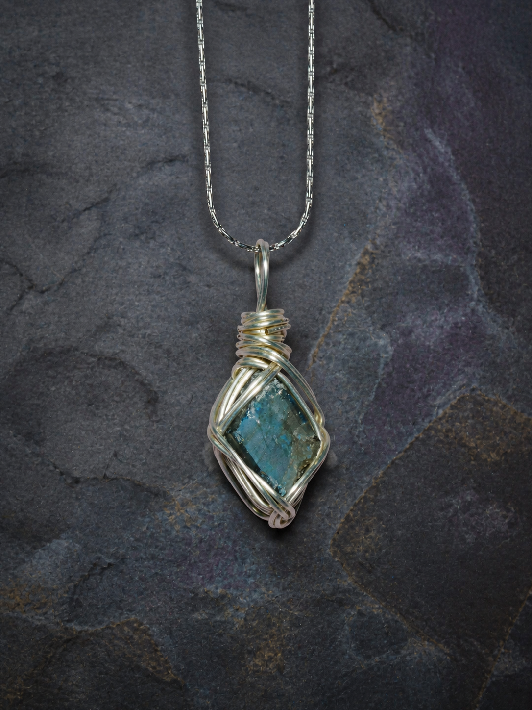 Riftlight natural flash labradorite wire-wrapped pendant necklace, front view