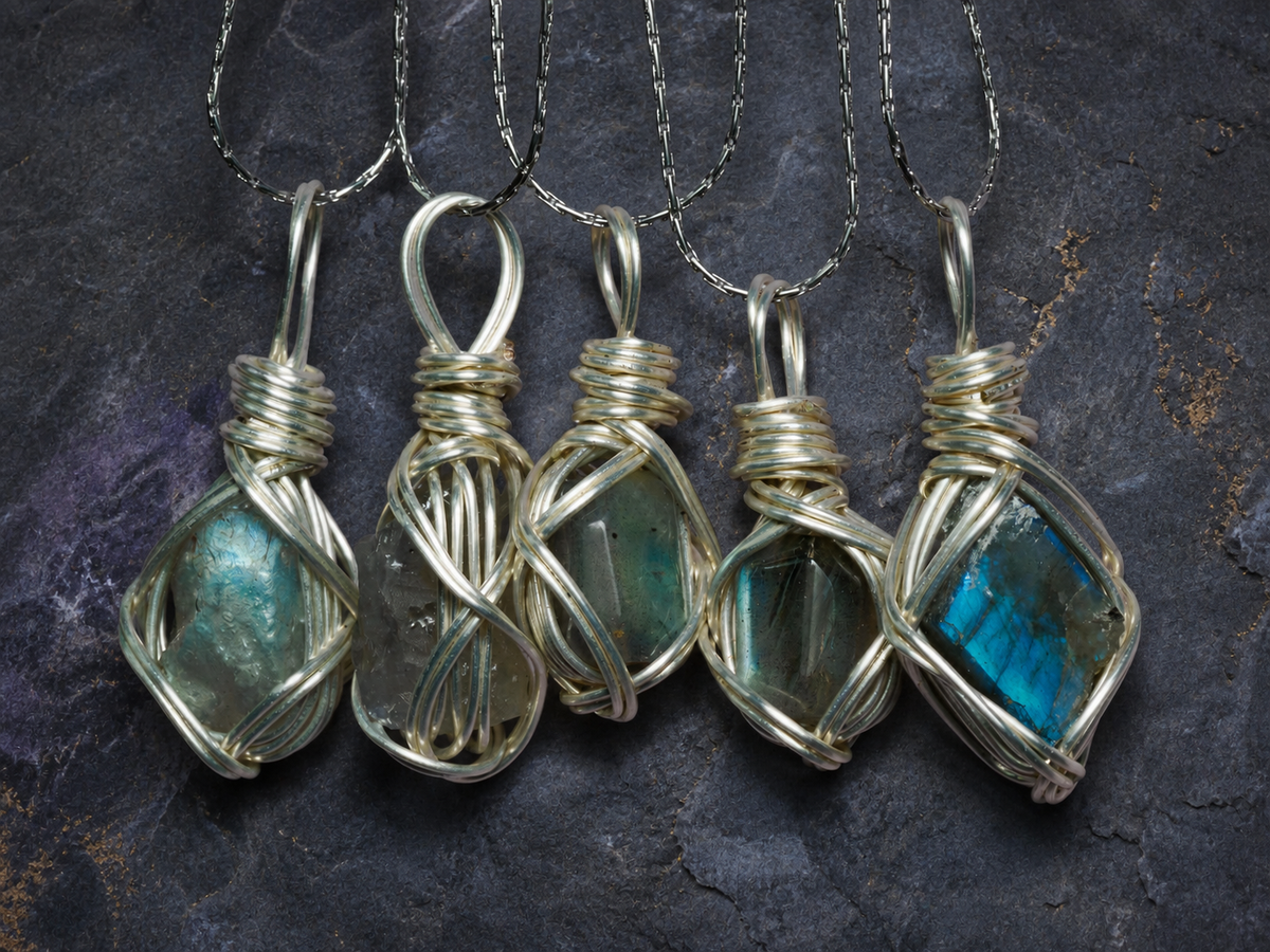 Riftlight natural flash labradorite wire-wrapped pendant necklace, five-piece view