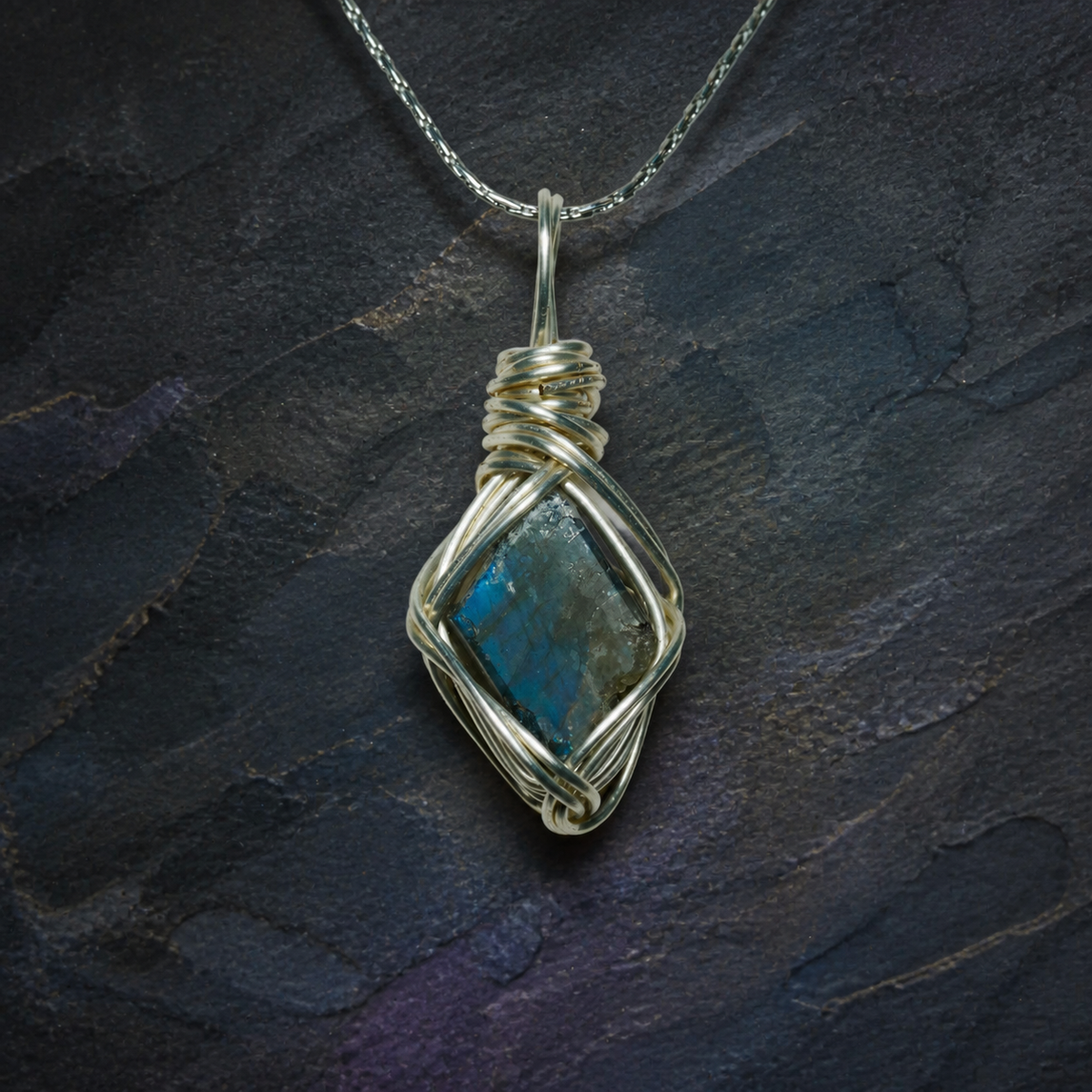 Riftlight natural flash labradorite wire-wrapped pendant necklace, blue flash detail