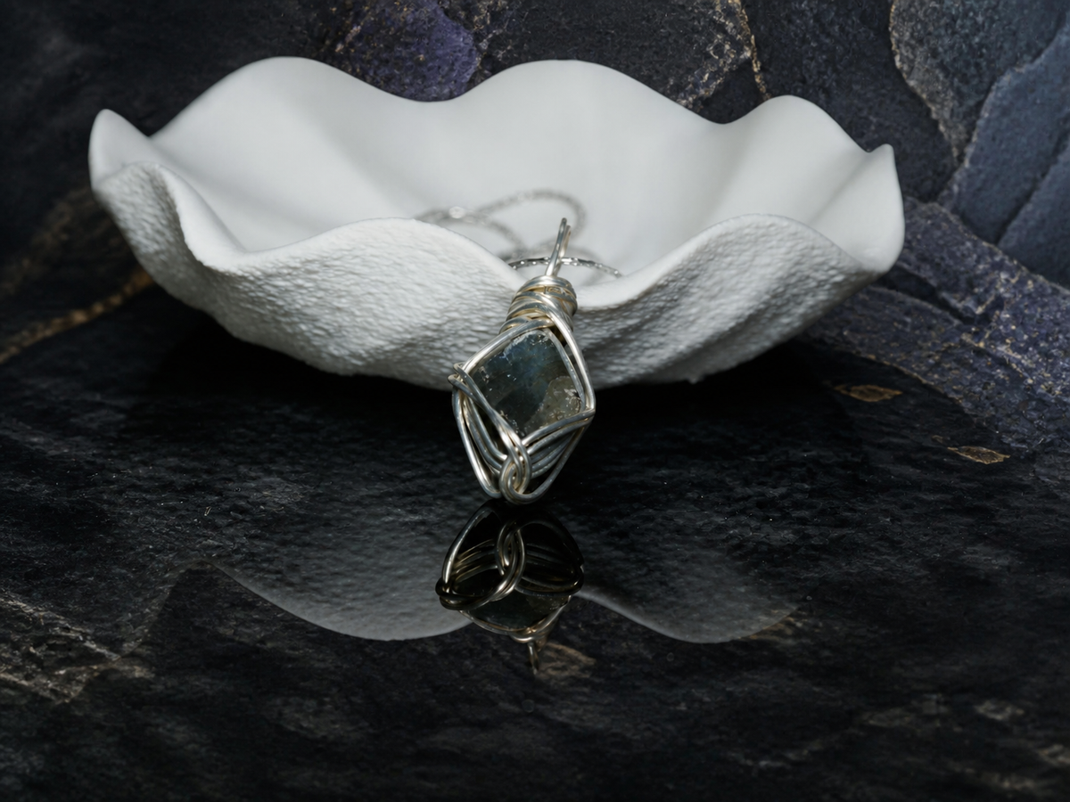 Riftlight natural flash labradorite wire-wrapped pendant necklace, angled view