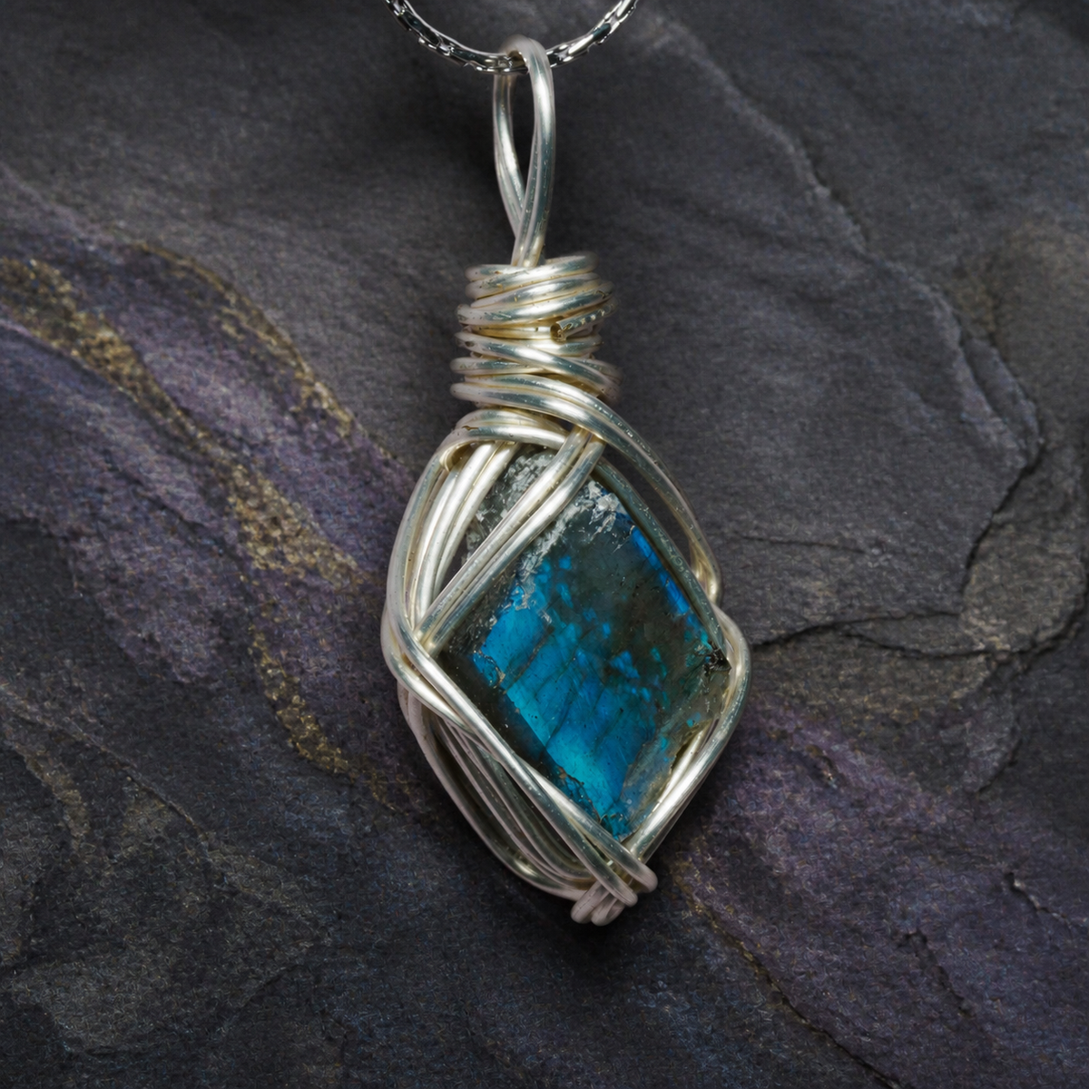 Riftlight natural flash labradorite wire-wrapped pendant necklace, close-up