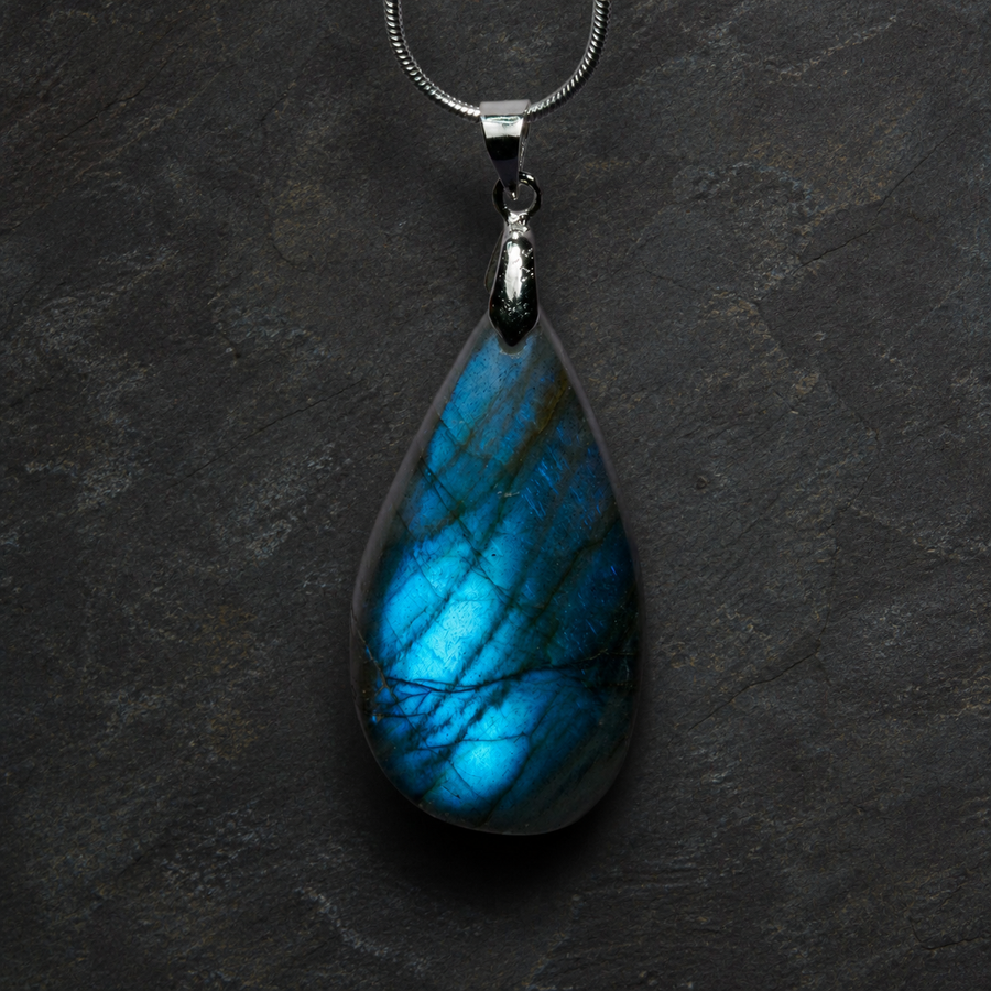 Midnight Veil natural labradorite water-drop pendant with fine silver chain