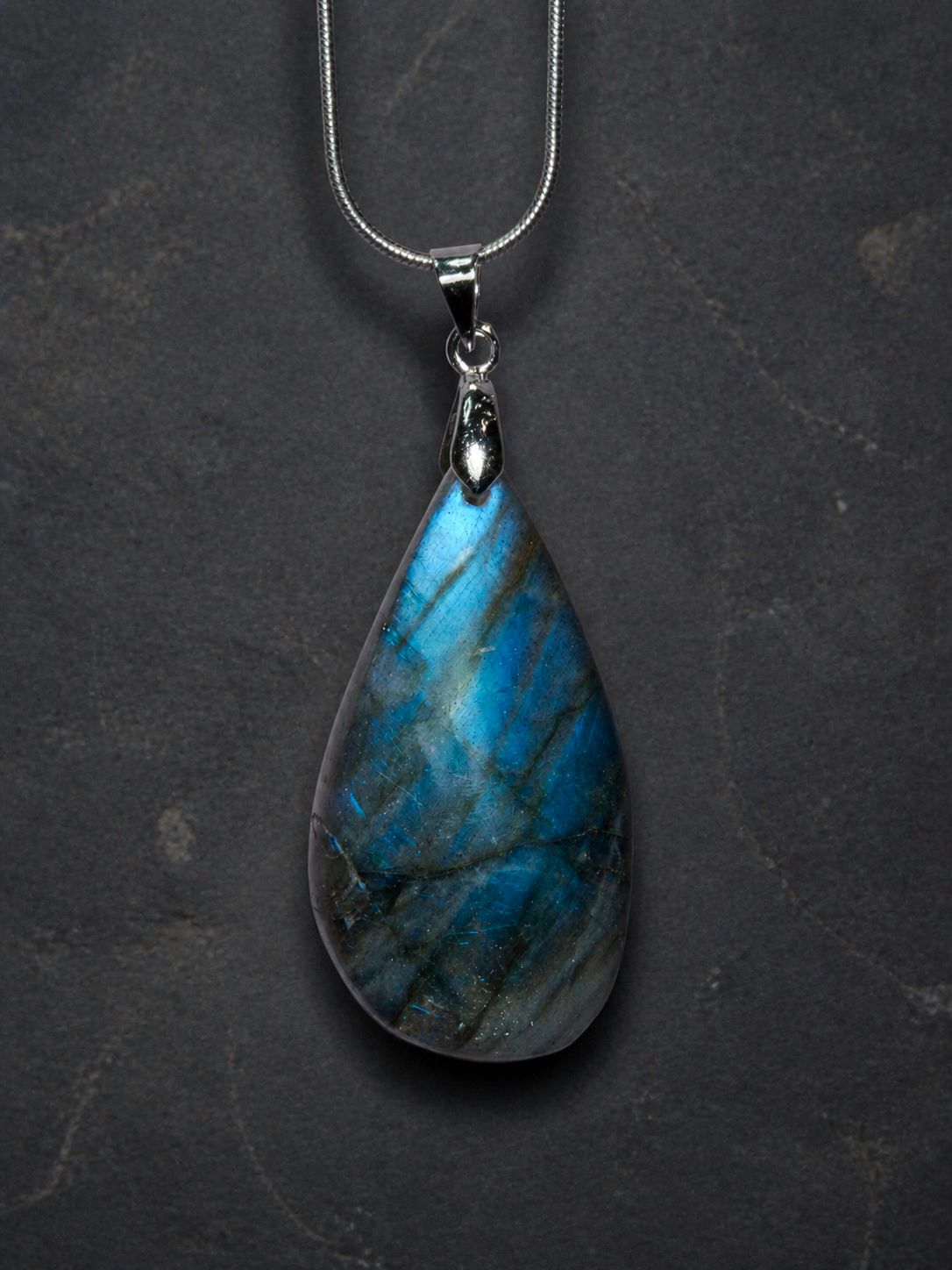 Midnight Veil natural labradorite water-drop pendant with fine silver chain