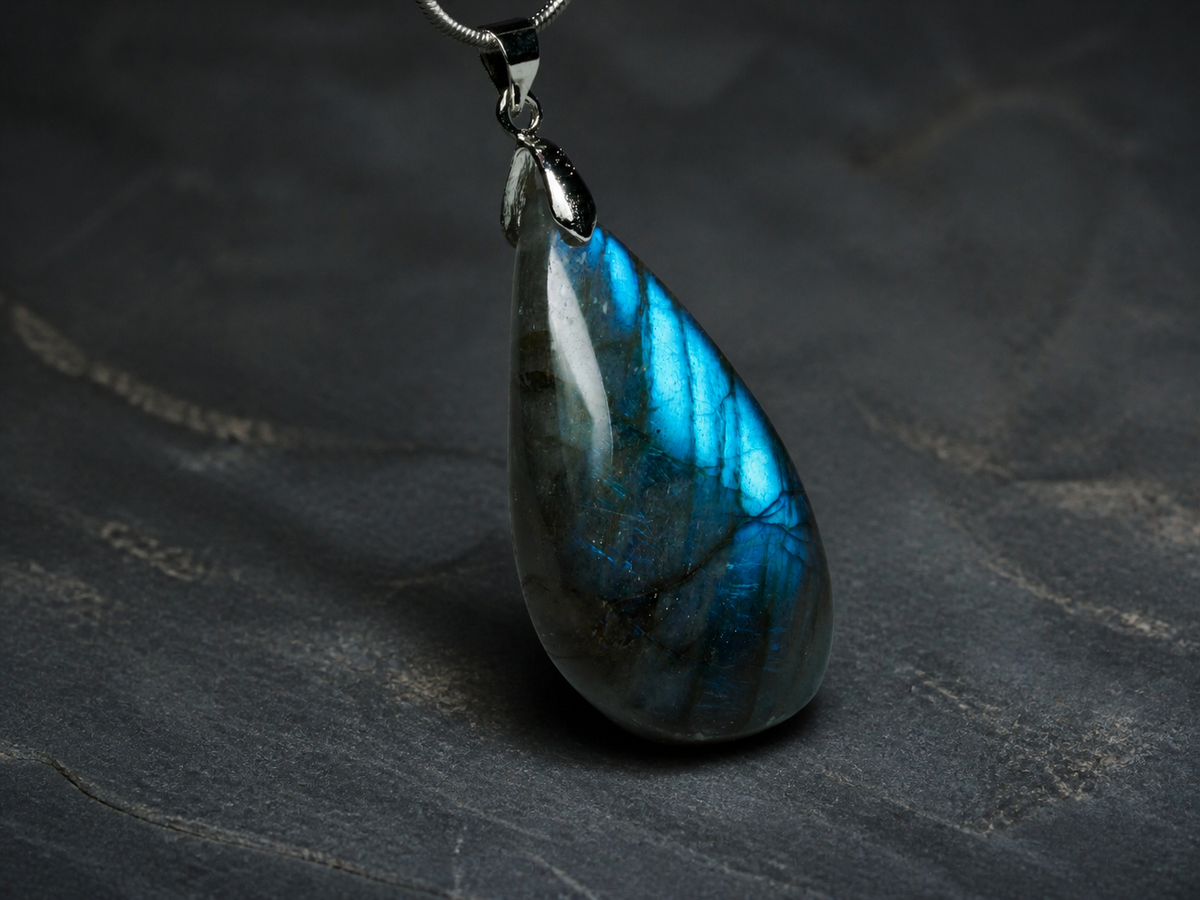 Midnight Veil natural labradorite water-drop pendant with fine silver chain