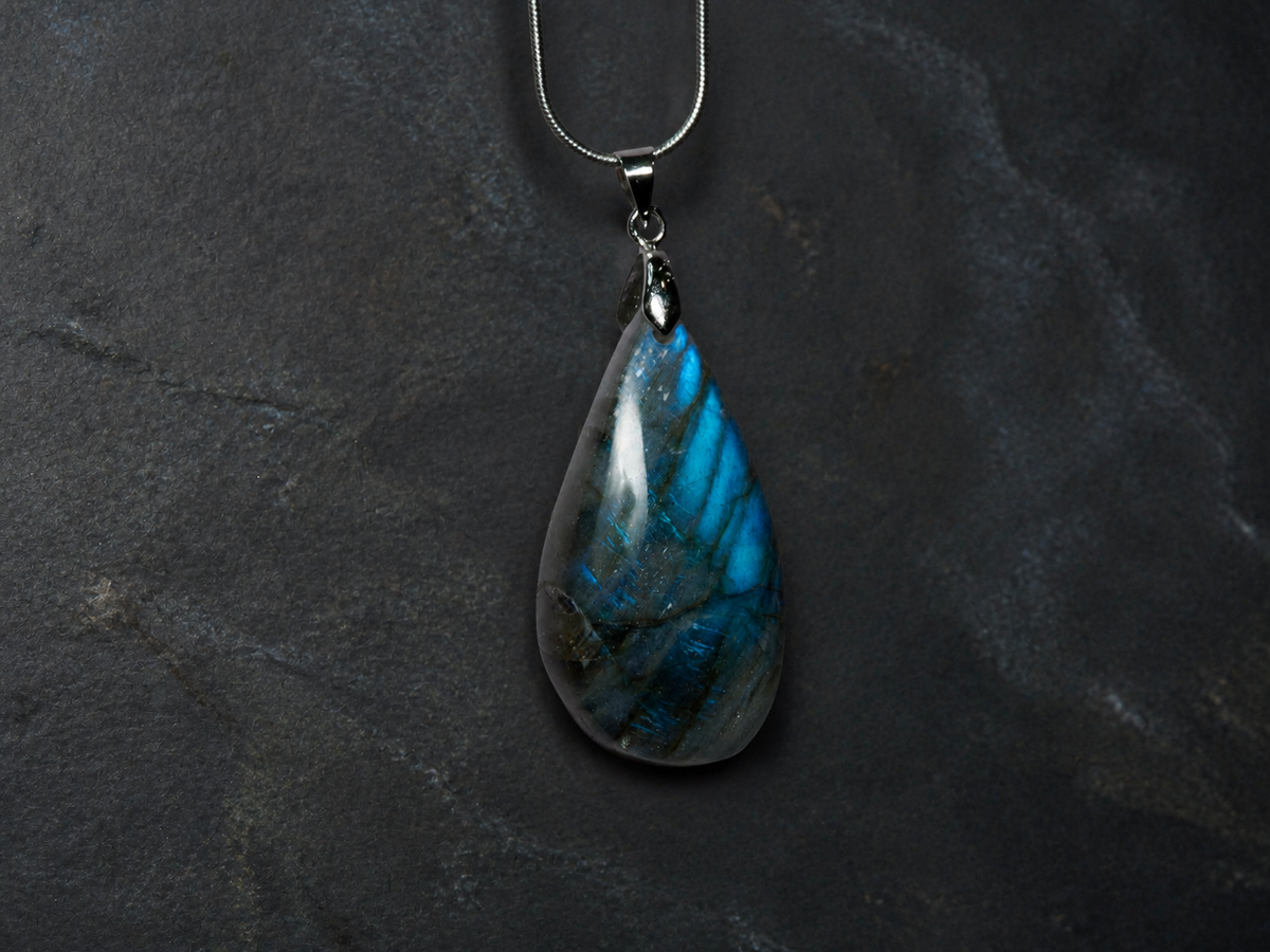 Midnight Veil natural labradorite water-drop pendant with fine silver chain