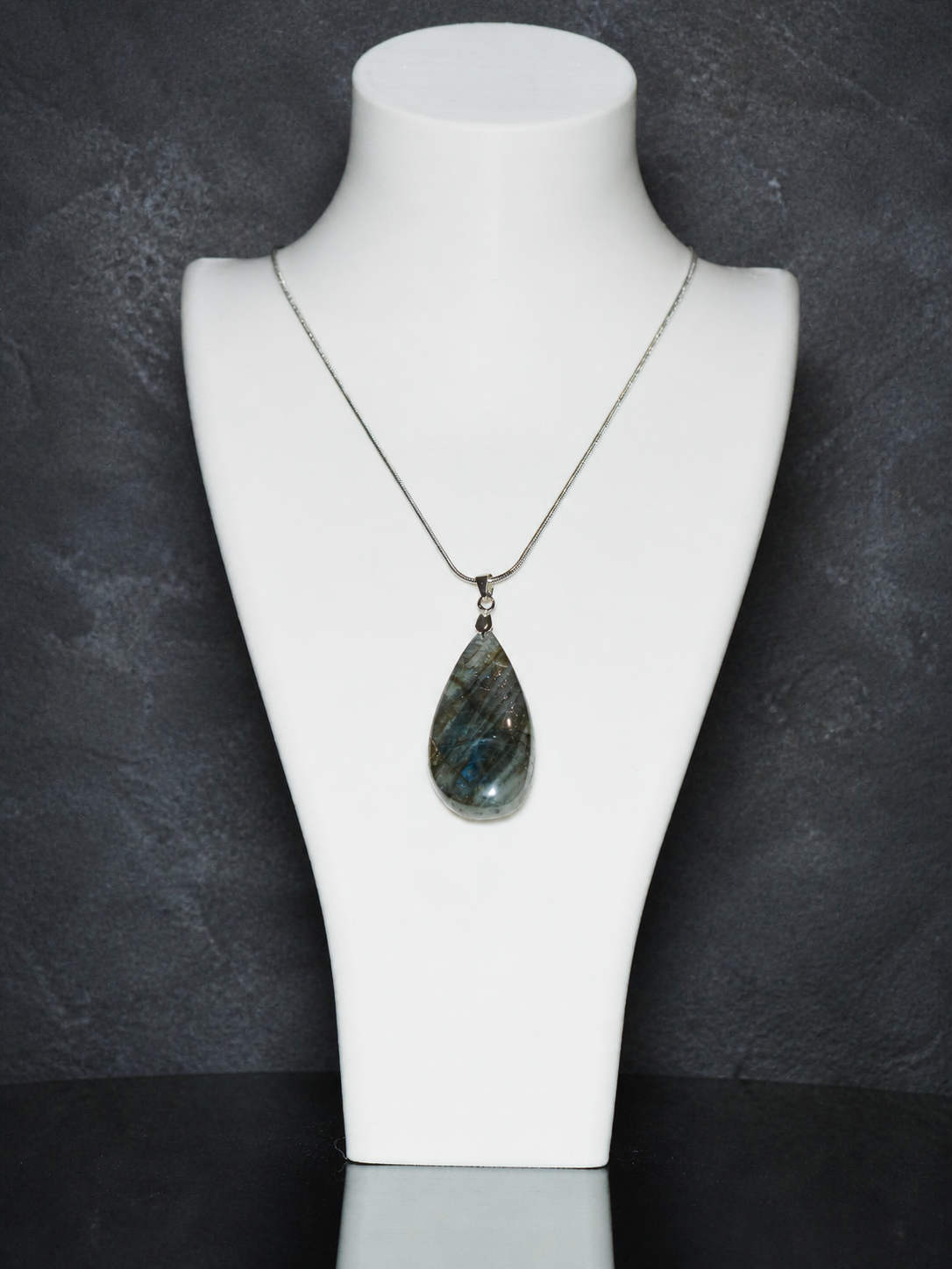 Midnight Veil natural labradorite water-drop pendant with fine silver chain