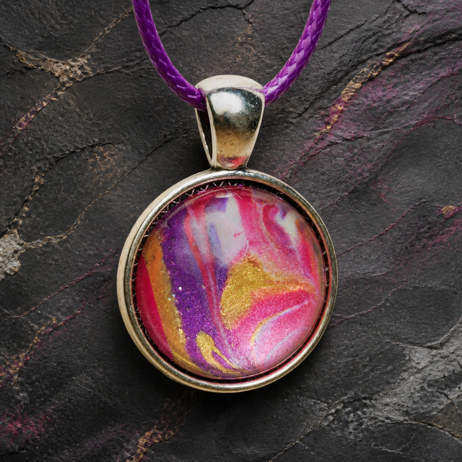 Macro detail of the Magenta Strata hand-painted artwork