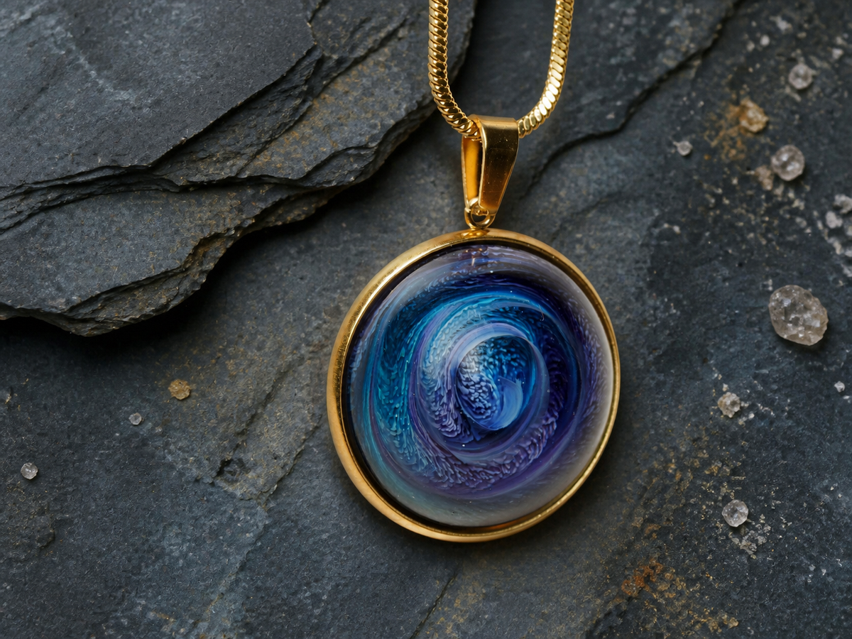 Round gold-plated pendant on layered slate with small quartz fragments