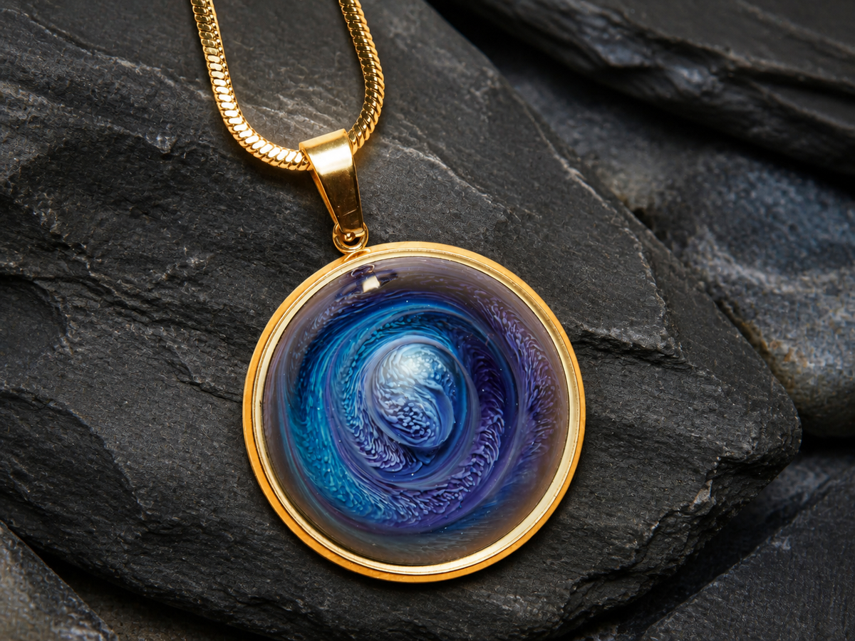 Close-up of blue-violet domed resin pendant on charcoal slate