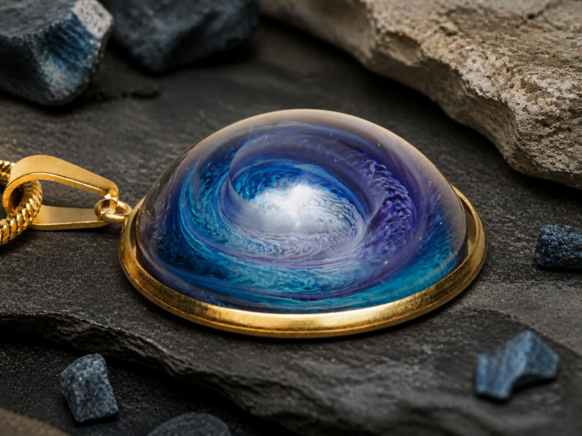 Low-angle view of gold-plated round pendant on slate with mineral stones