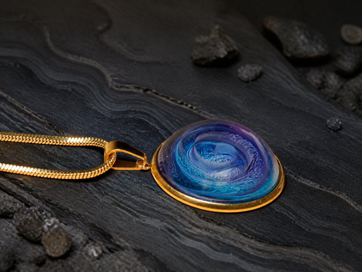 Gold-plated round pendant and chain on dark geological stone