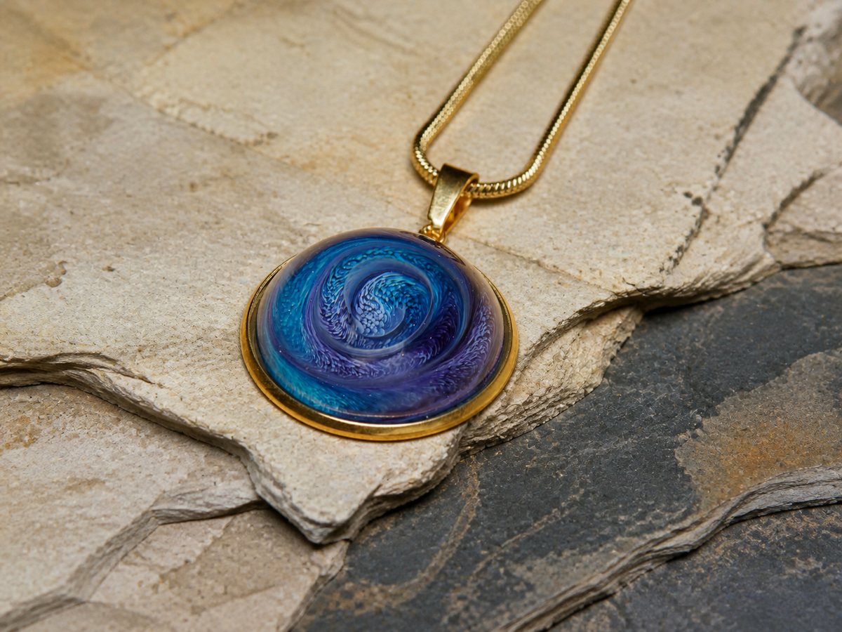 Blue-violet ink and resin pendant on limestone and slate