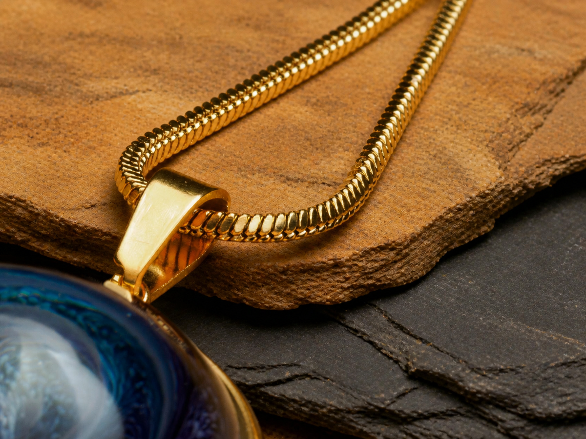 Gold-plated stainless steel chain on sandstone and dark slate