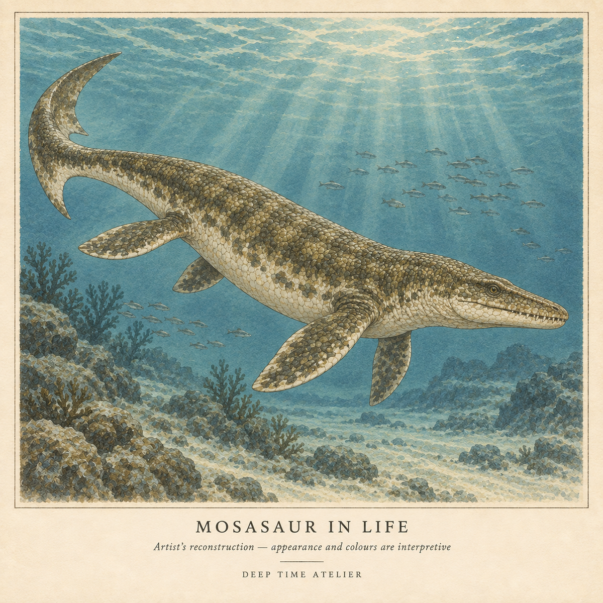 Interpretive vintage-style reconstruction of a swimming mosasaur with four paddles and a tail fluke; appearance and colours are conjectural.