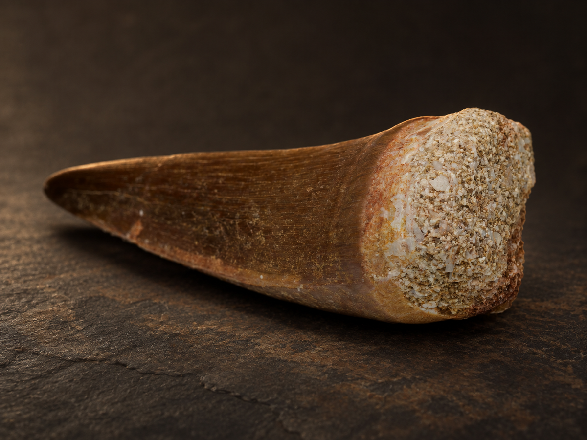 Mosasaur tooth fossil, close detail of the enamel and visible fracture.