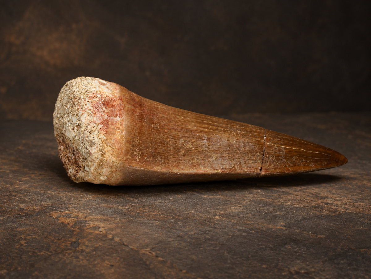 Mosasaur tooth fossil, full side profile with brown enamel and pale basal matrix.