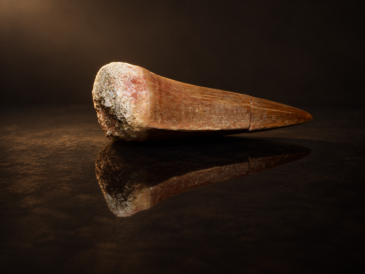 Mosasaur tooth fossil, alternate side profile showing its curved shape.