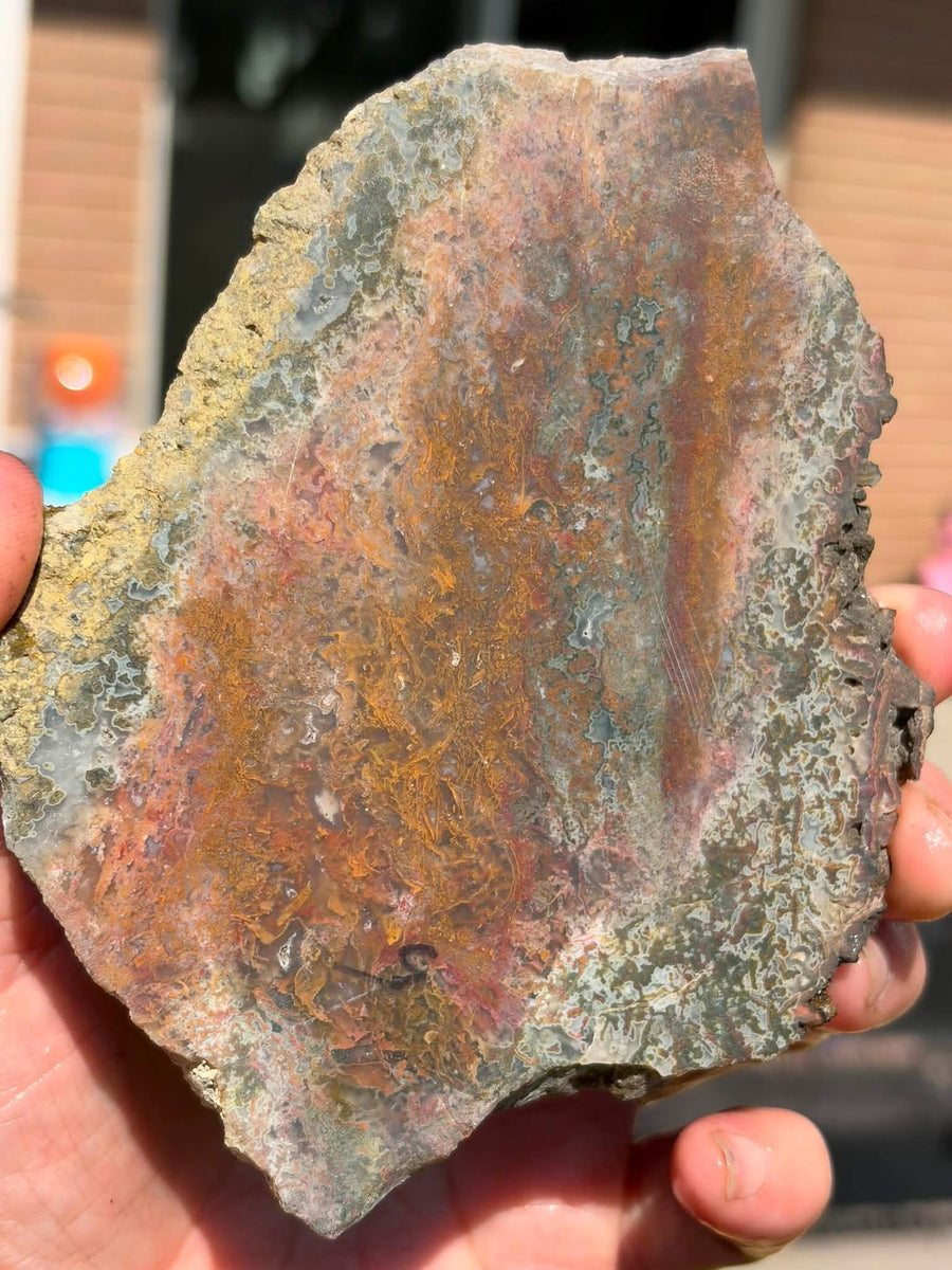 Supplier photograph of the moss agate slab showing the colourful mossy inclusions