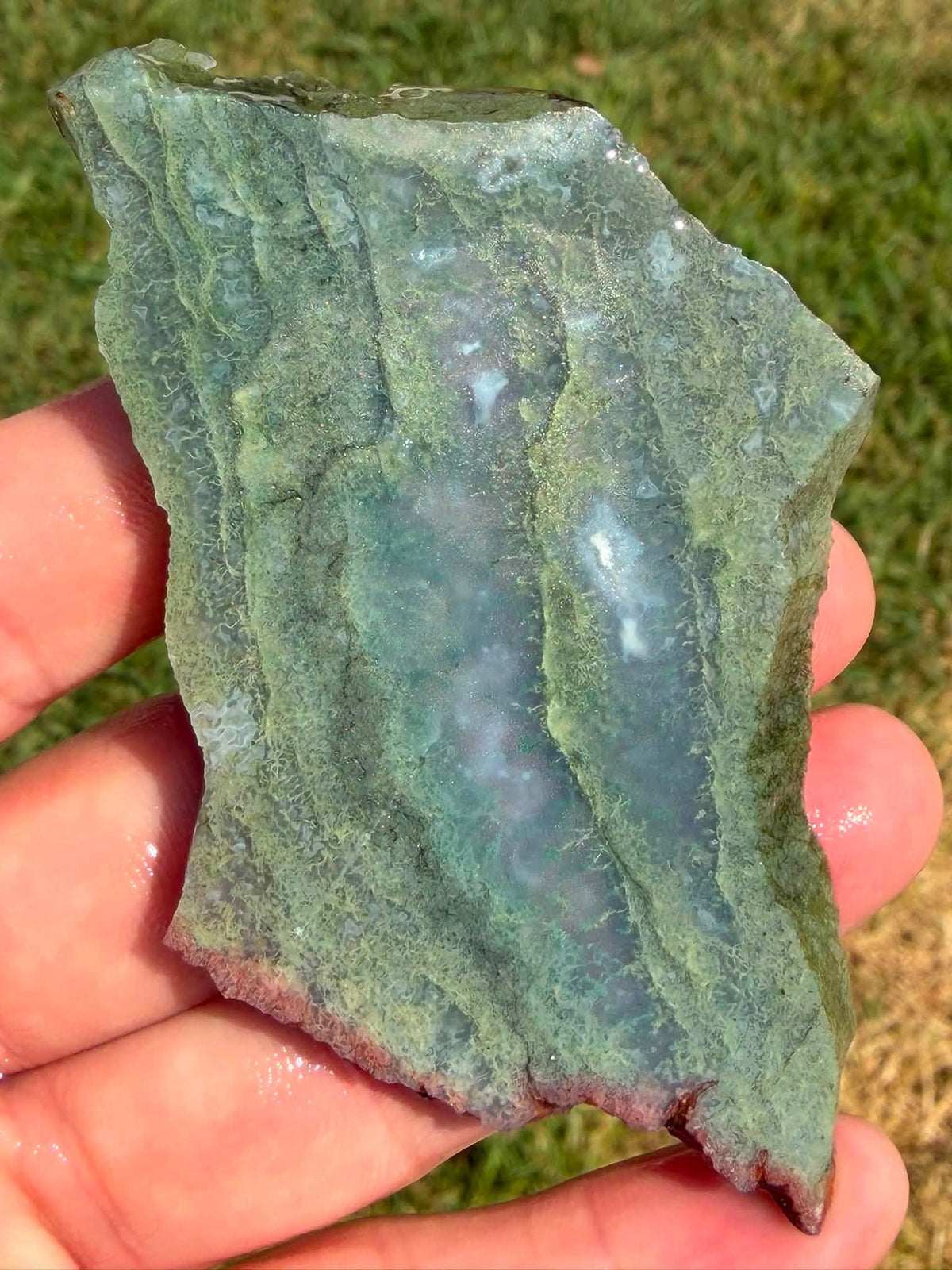 Supplier photograph of a green moss agate slab, wet outdoor view