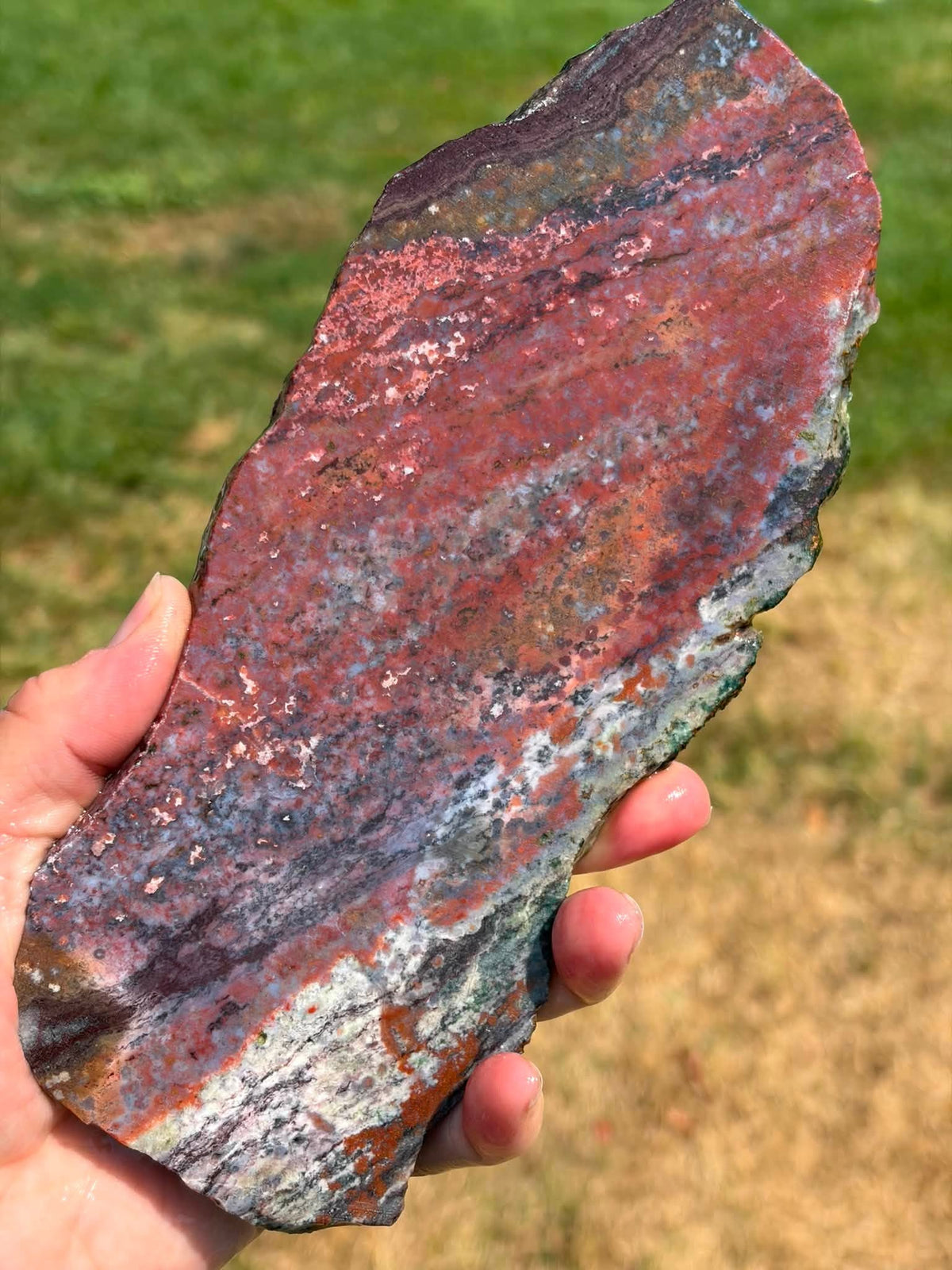 Close supplier photograph showing red and grey patterning in the Ocean Jasper slab