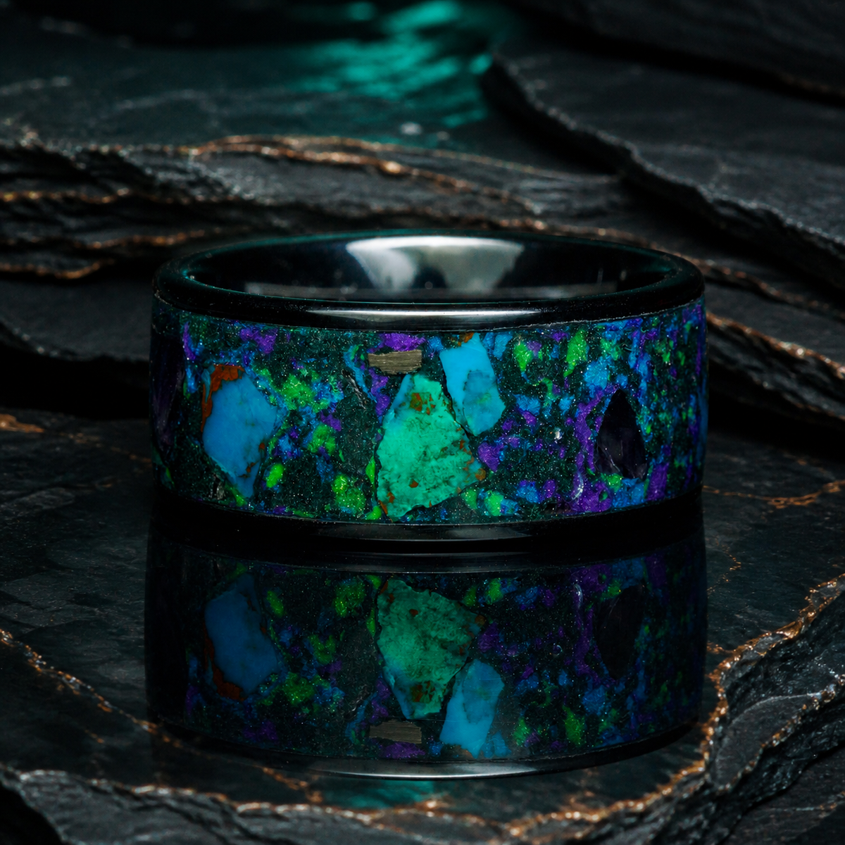Oceanfire Mosaic upright black ceramic ring with colourful mineral mosaic on dark stratified stone