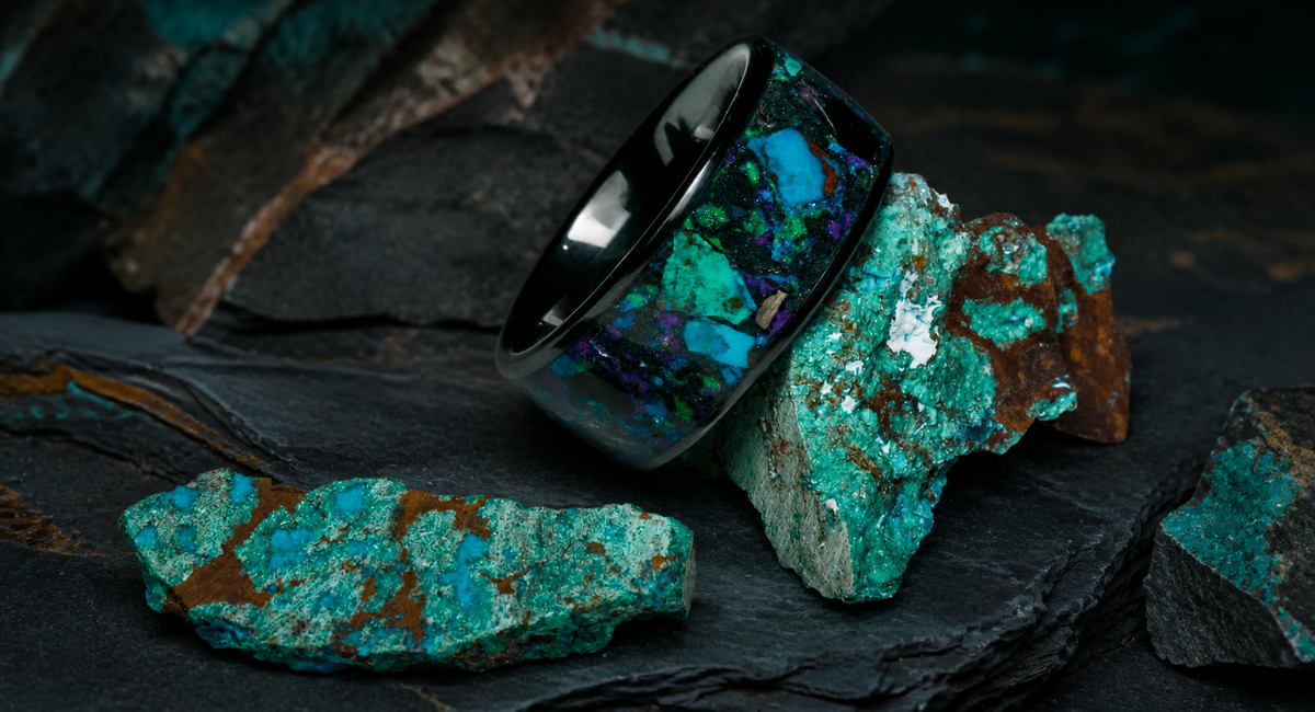 Oceanfire Mosaic front-facing mineral inlay ring on dark stratified slate with subtle bronze seams