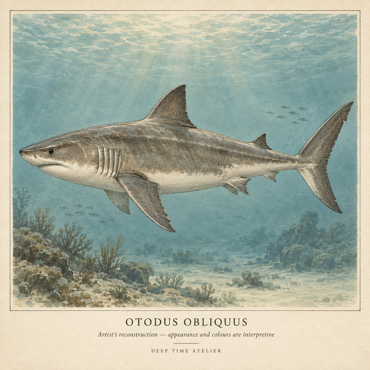 Otodus obliquus artist’s reconstruction; appearance and colours are interpretive.