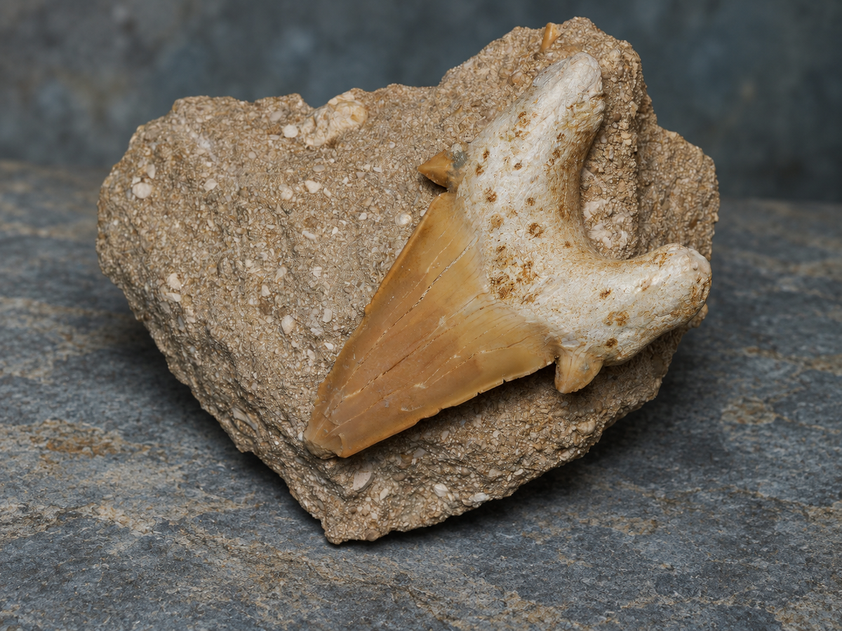 Otodus shark tooth in matrix; AI-styled product photograph.