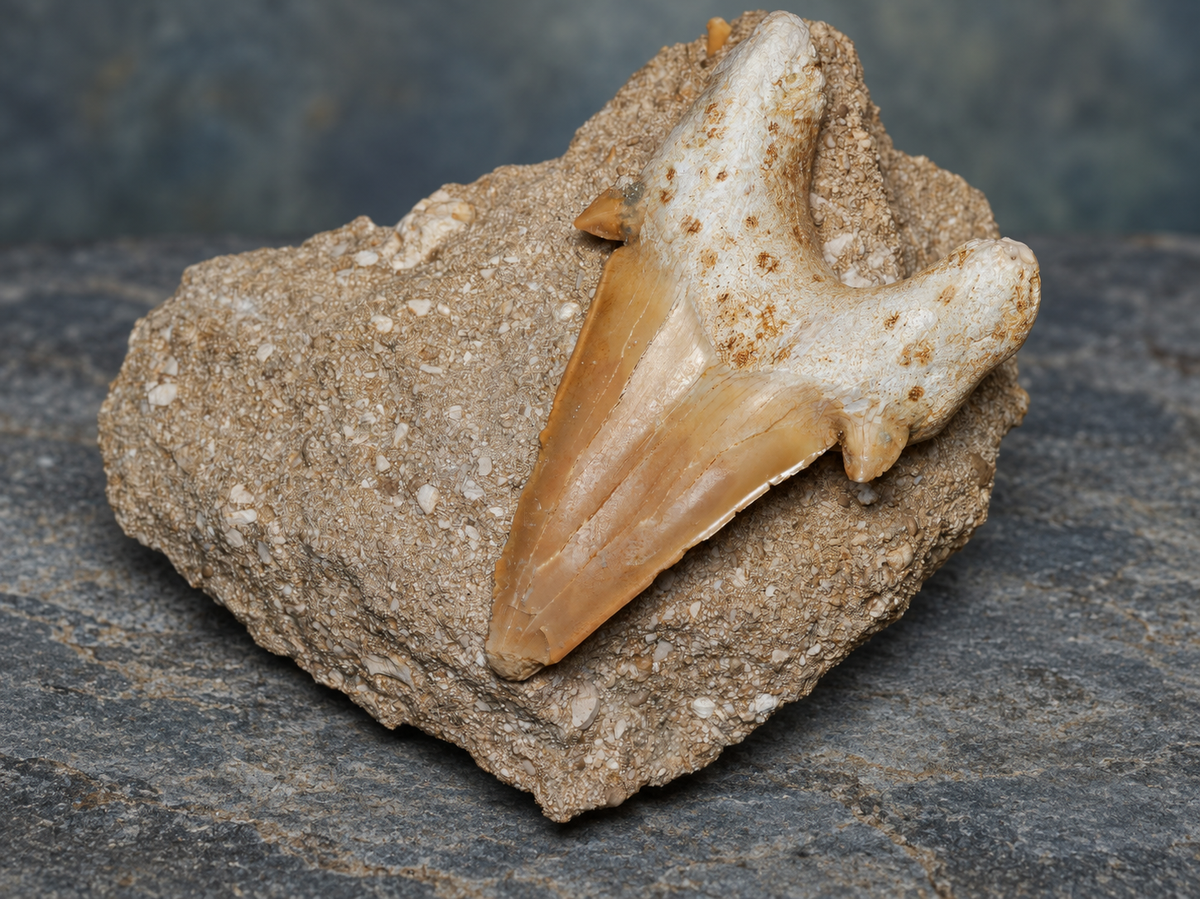 Otodus shark tooth in matrix; AI-styled product photograph.