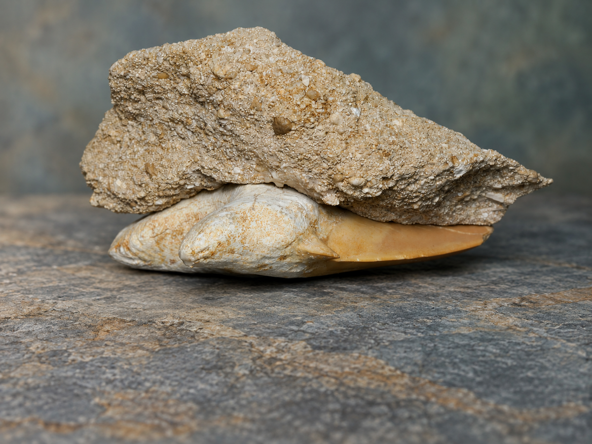 Otodus shark tooth in matrix; AI-styled product photograph.