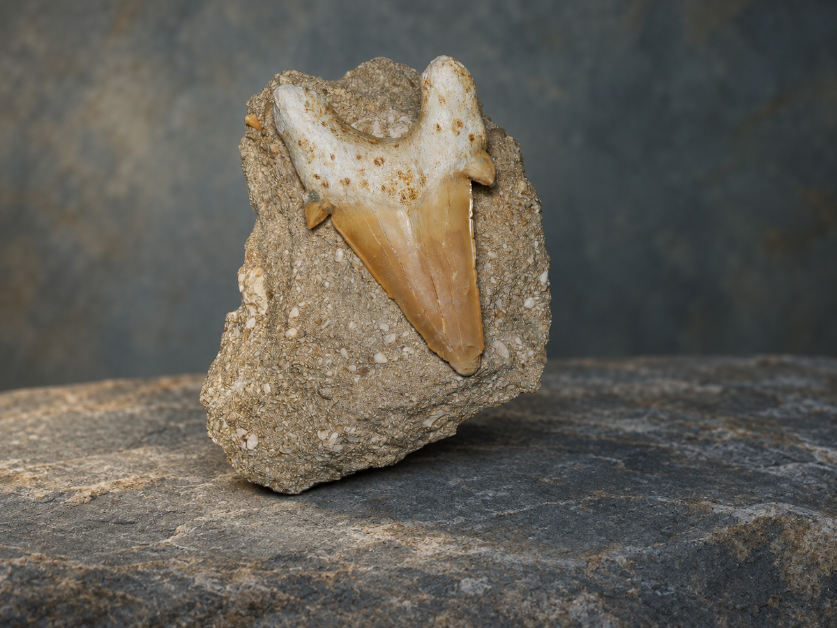 Otodus shark tooth in matrix; AI-styled product photograph.