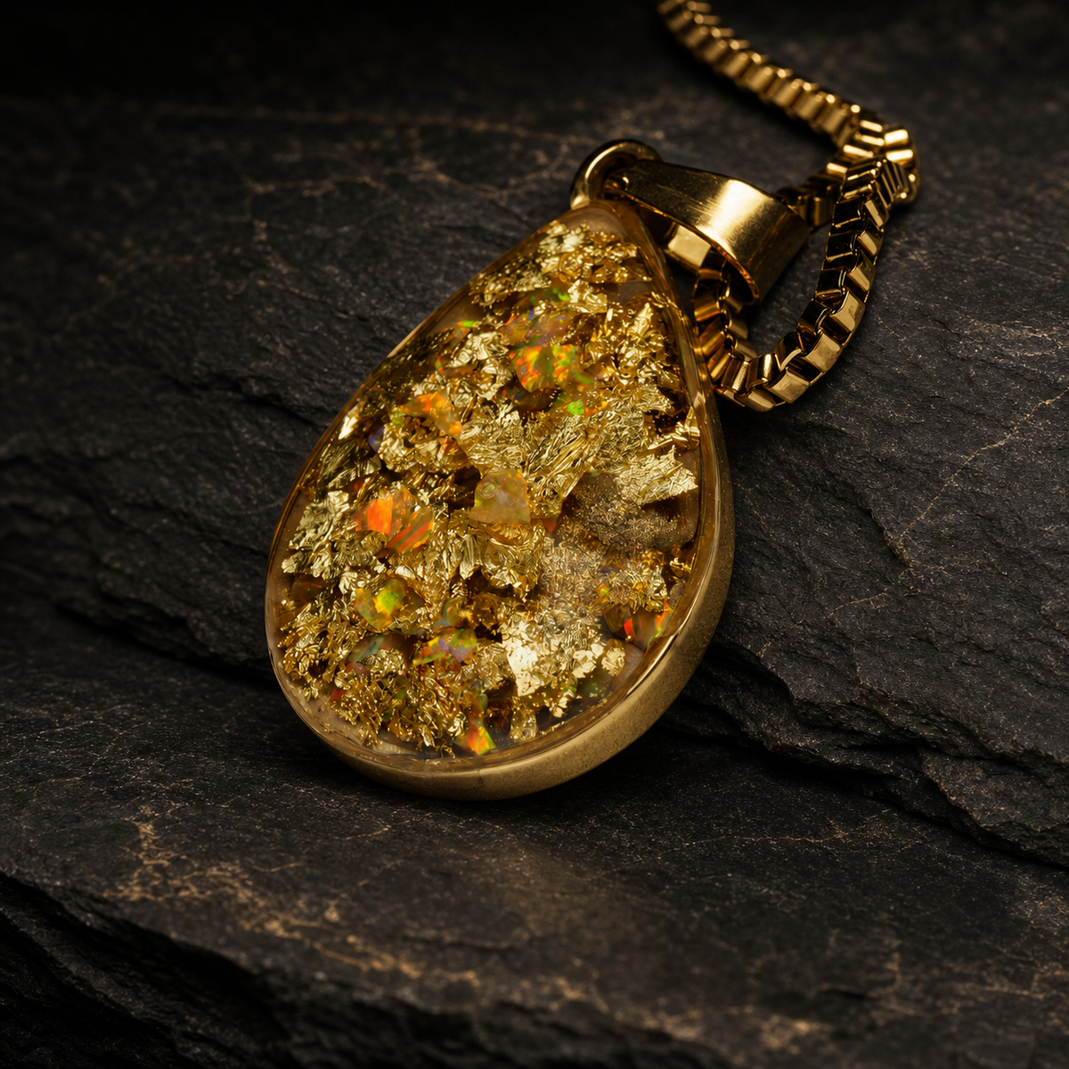 Gilded Blue Amber Reliquary Pendant, pendant, close-up detail.