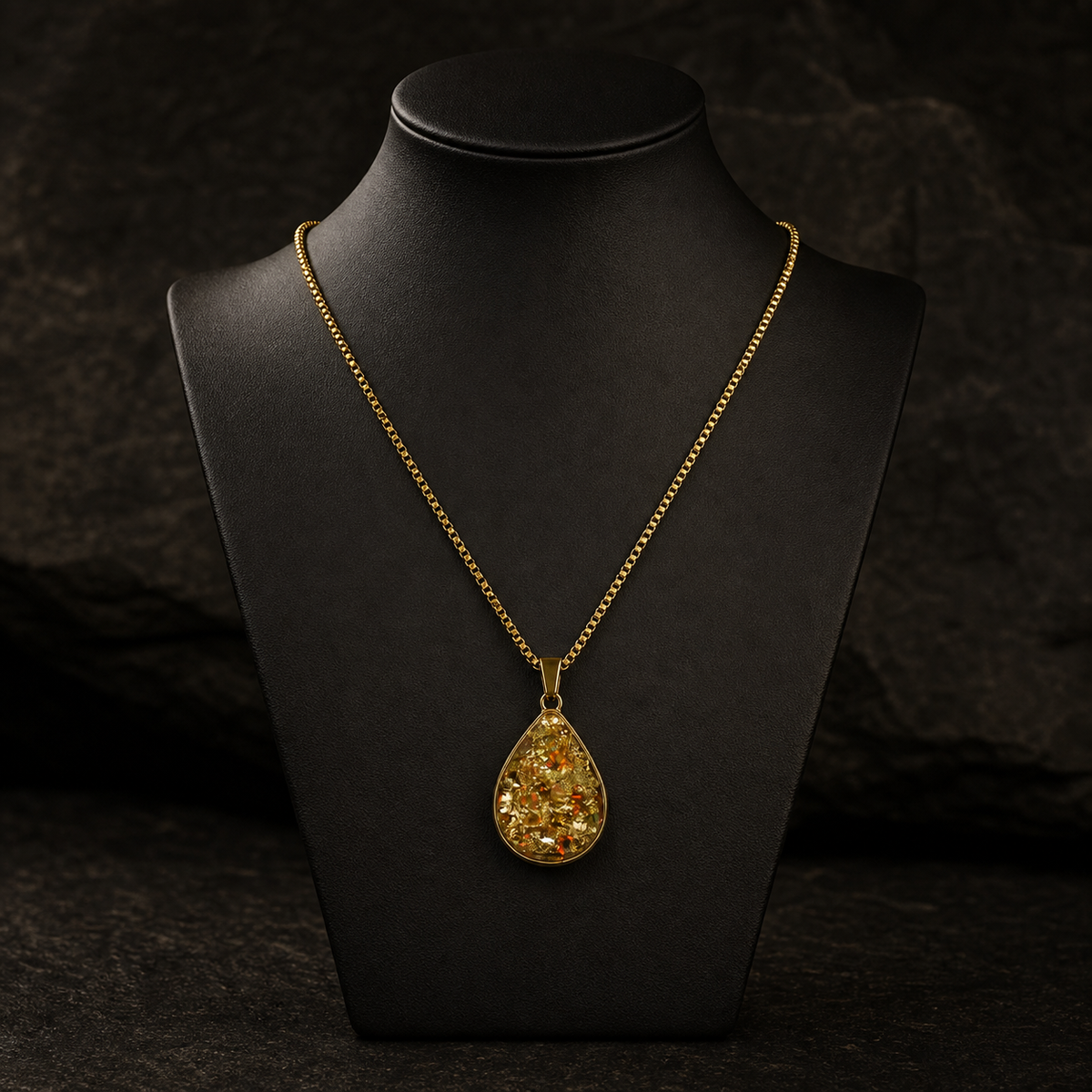 Gilded Blue Amber Reliquary Pendant, pendant, chain detail.
