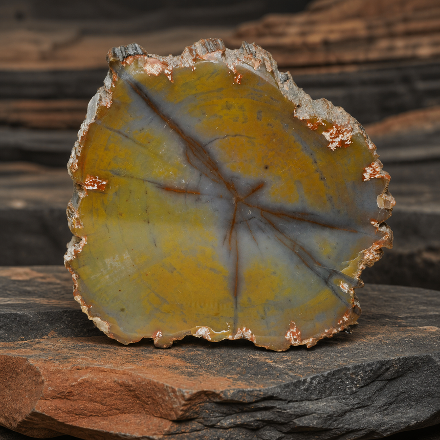 Petrified wood slice from the Henry Mountains, Utah on layered ancient strata